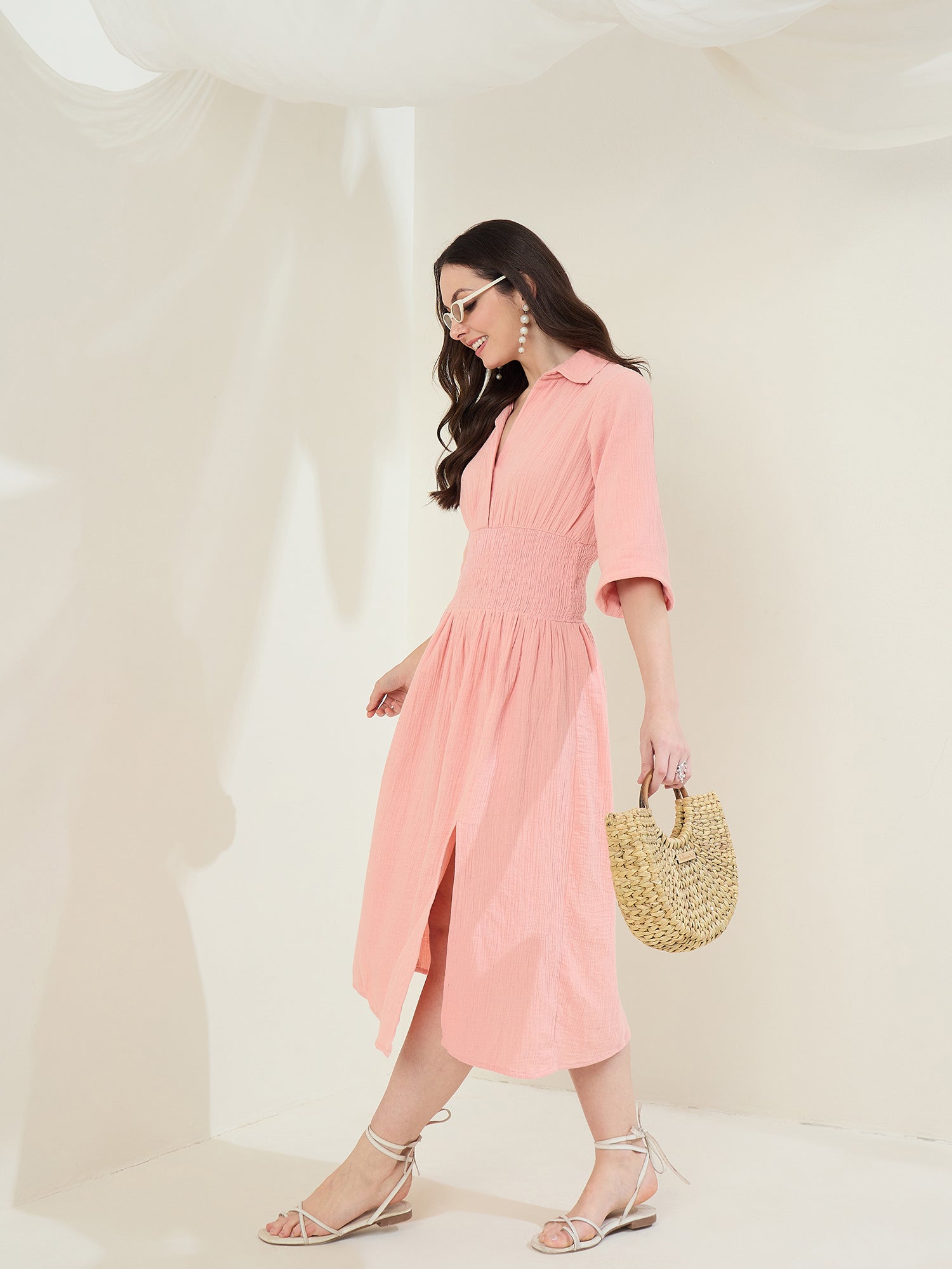 Women's Pink Cotton Gauze Dress With Waist Smocking Pink / L