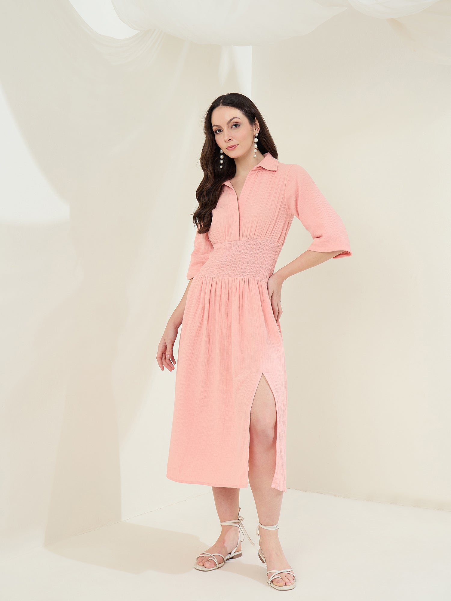 Women's Pink Cotton Gauze Dress with Waist Smocking Pink / L | Trendia Global Women's Pink Cotton Gauze Dress with Waist Smocking Pink / L | Trendia Global