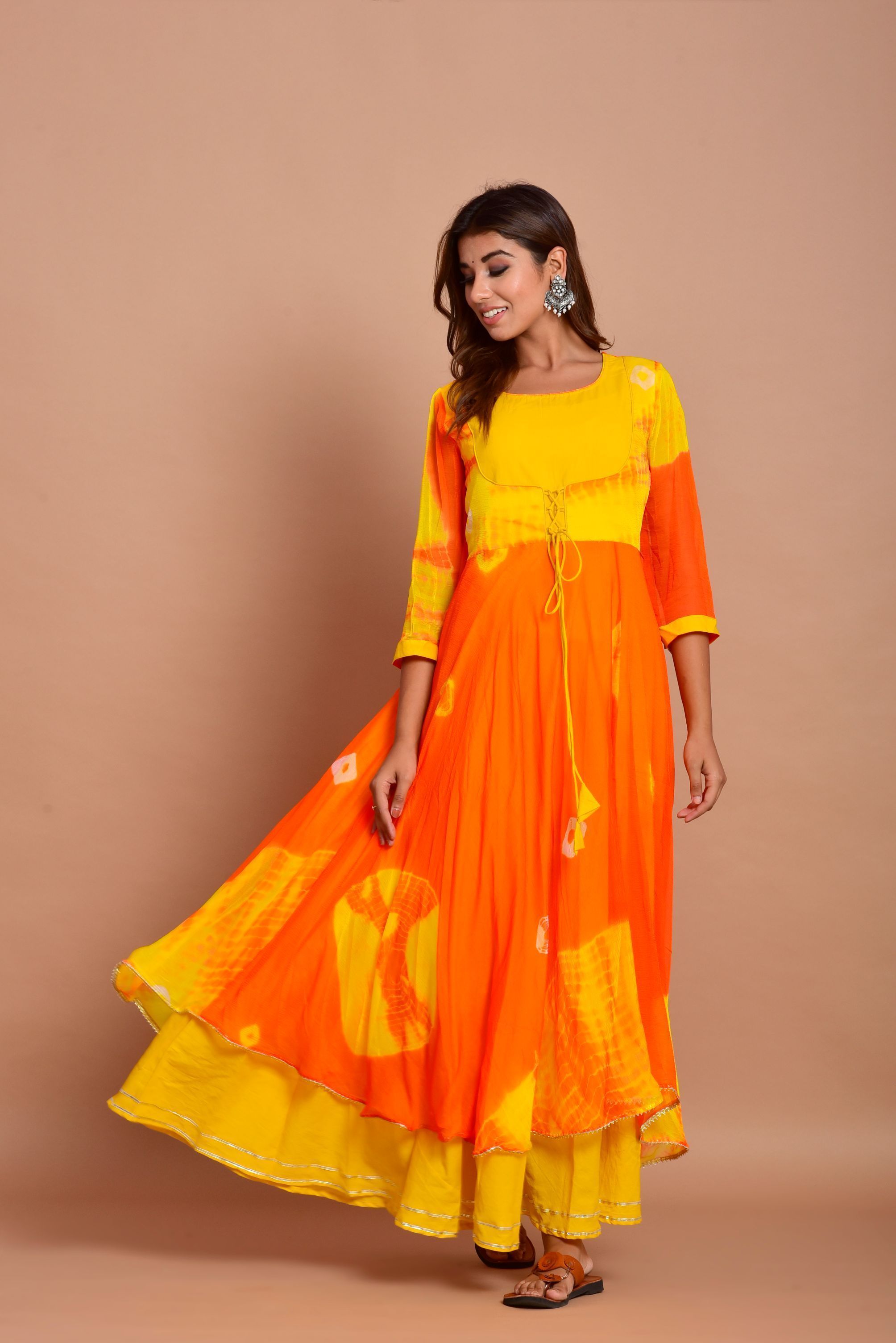 Women's Yellow Tye-Dye Layered Anarkali Dress (1Pc) - Final Clearance Sale