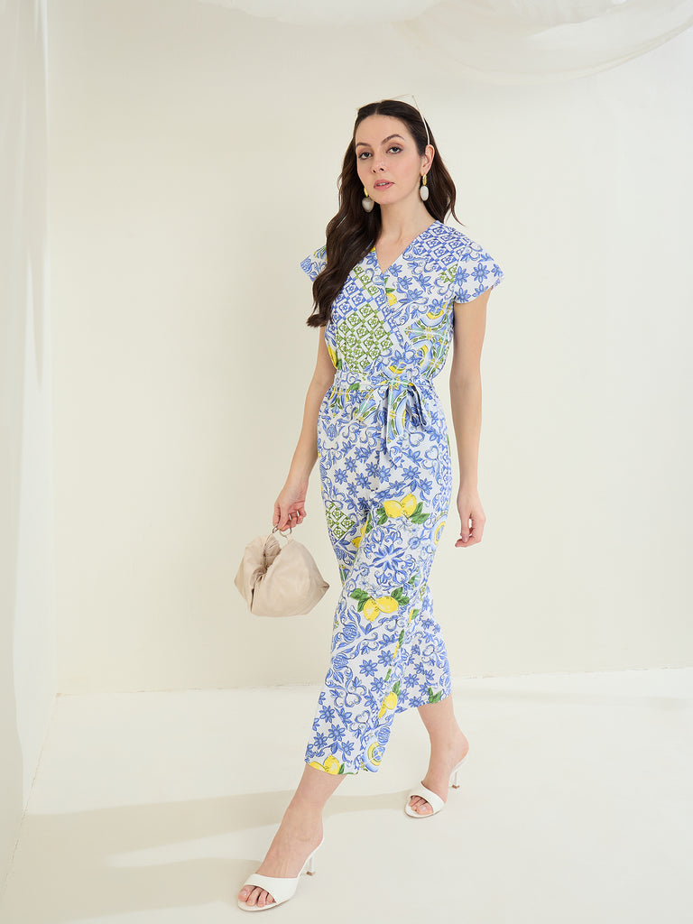 Women's Blue Rayon Ikkat Printed Jumpsuit