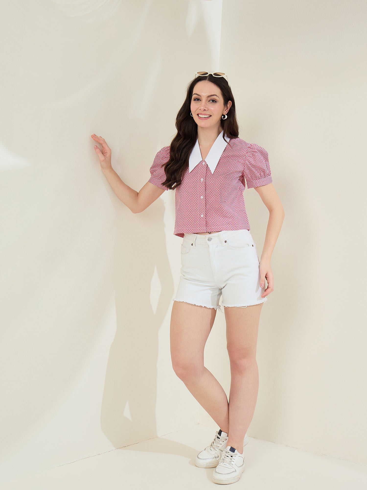 Women's Lime Green Check Shirt With Pointed White Collar