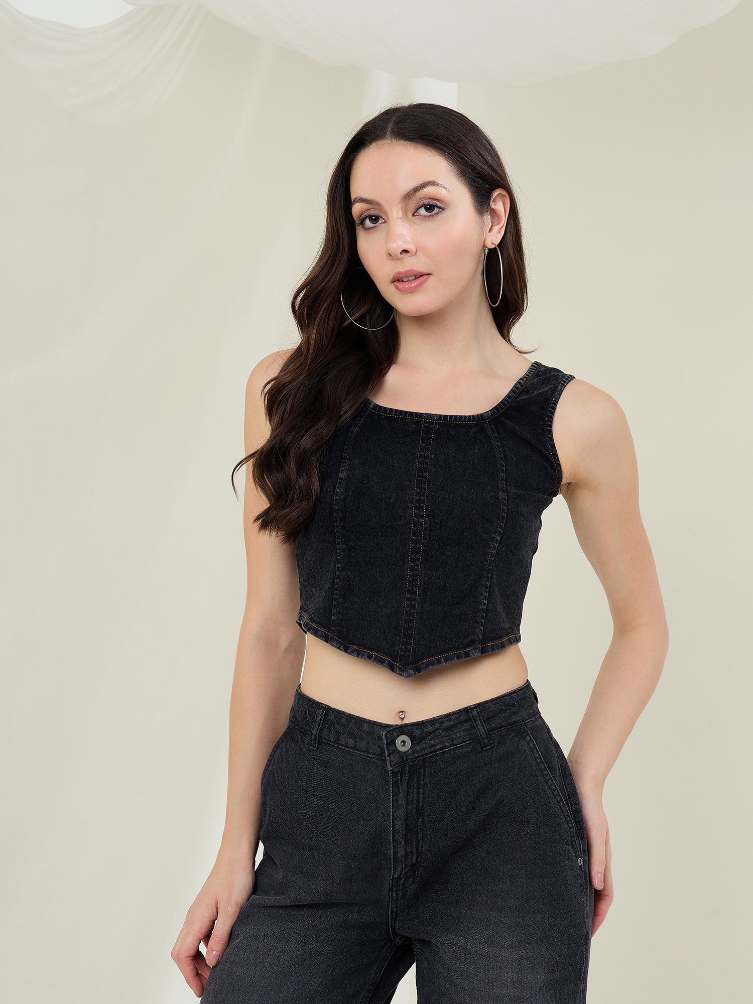 Women's Blue Denim Zip Up Top