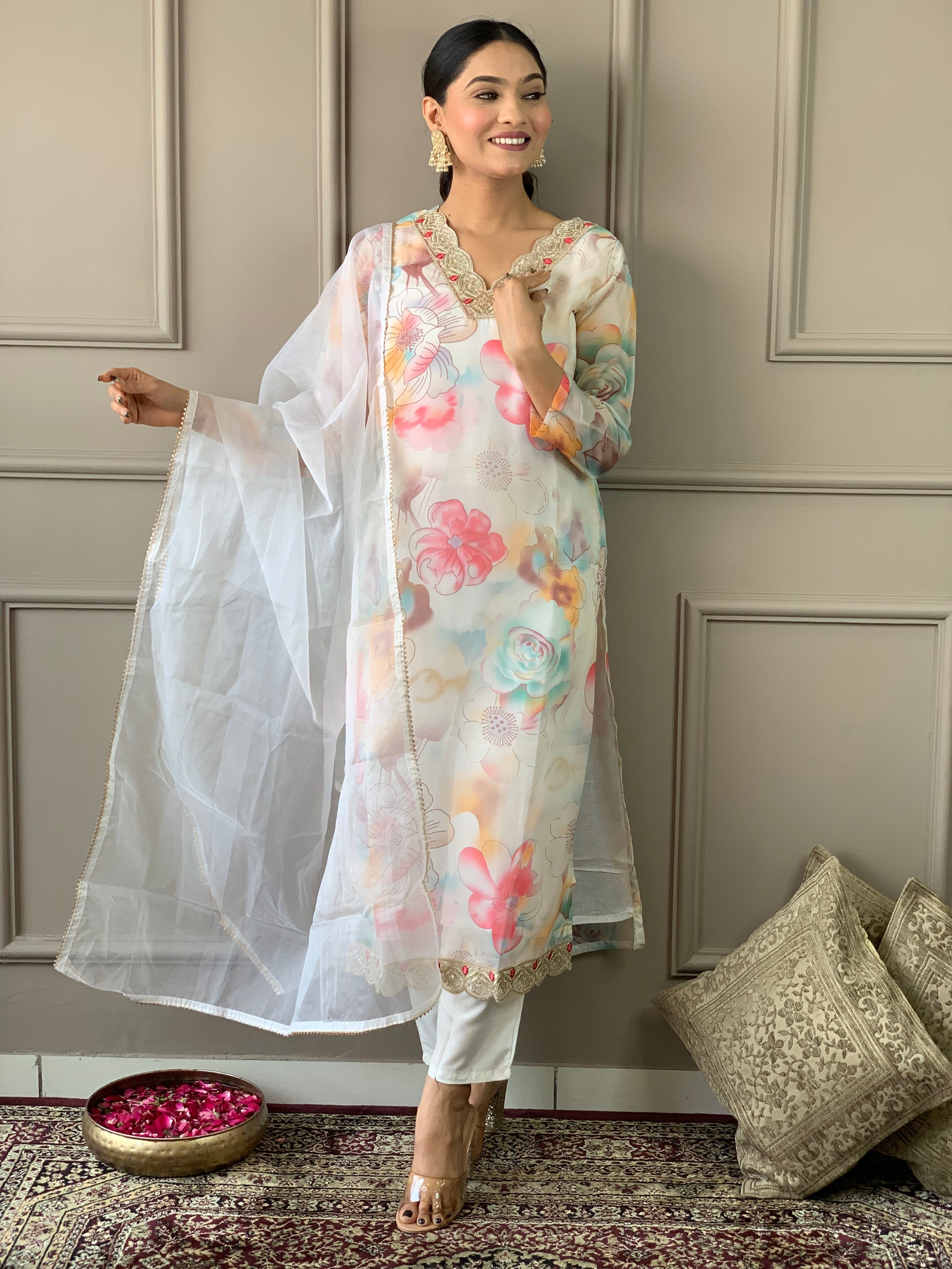 Women's V Neck Embroidered Work Organza Fabric Kurta & Pant With Dupatta Set