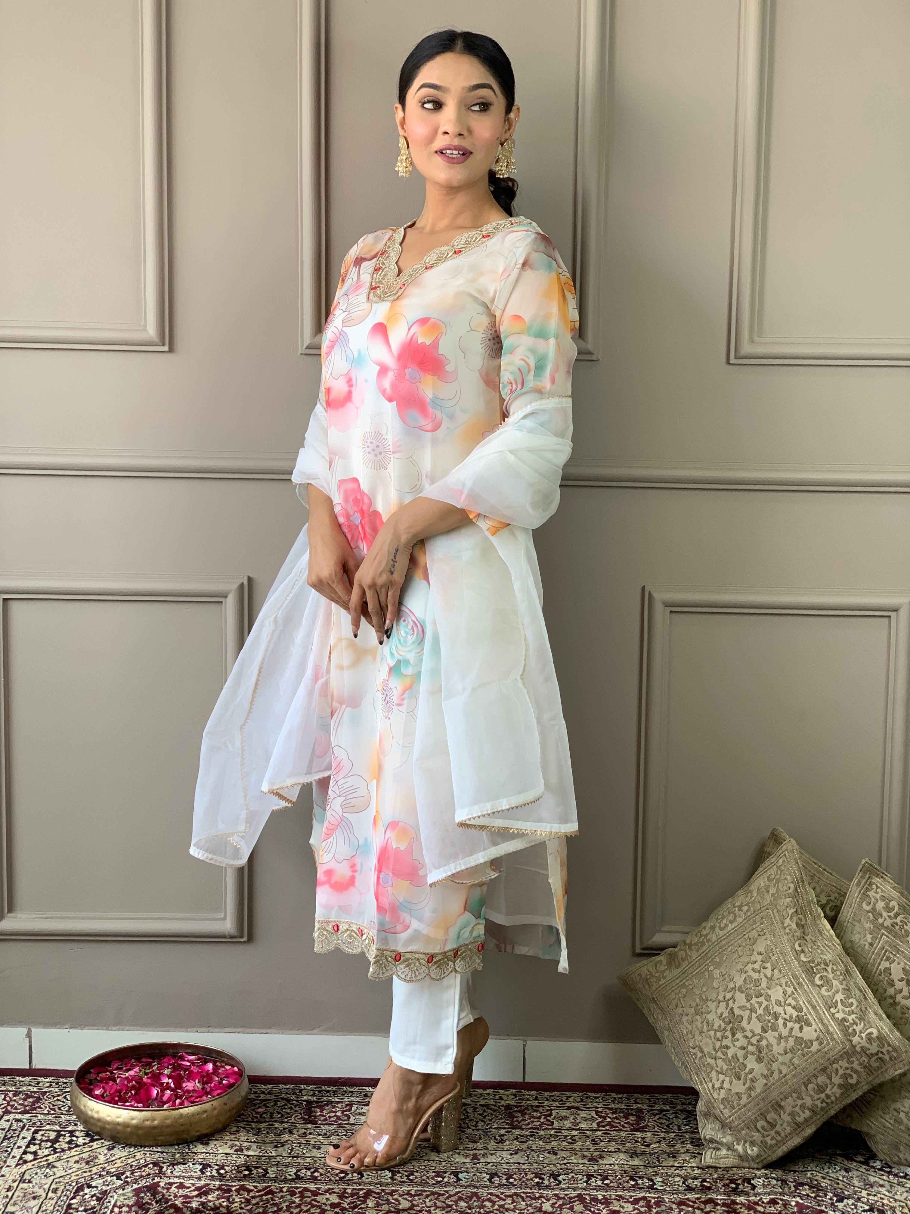 Women's V Neck Embroidered Work Organza Fabric Kurta & Pant With Dupatta Set