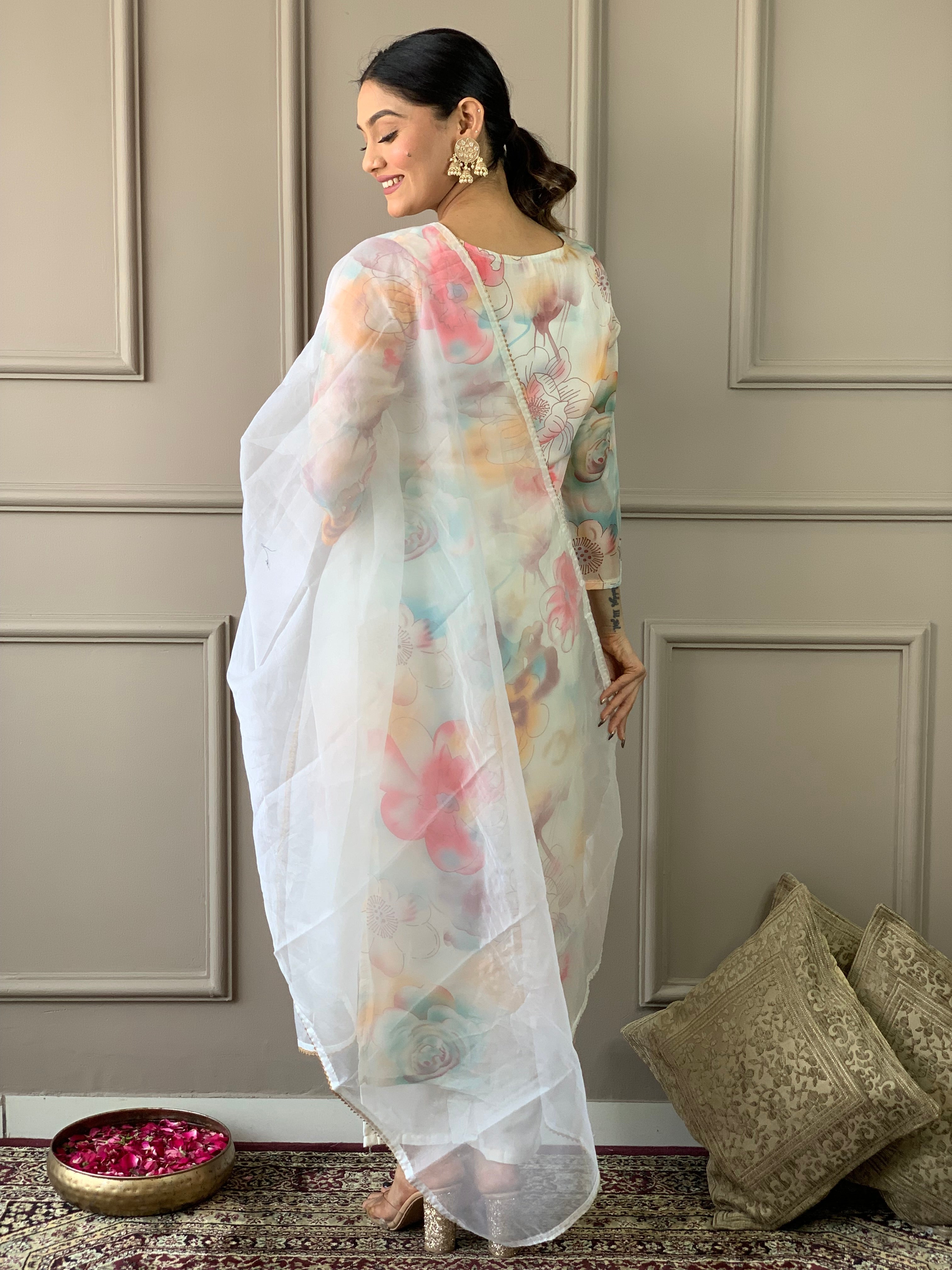 Women's V Neck Embroidered Work Organza Fabric Kurta & Pant With Dupatta Set