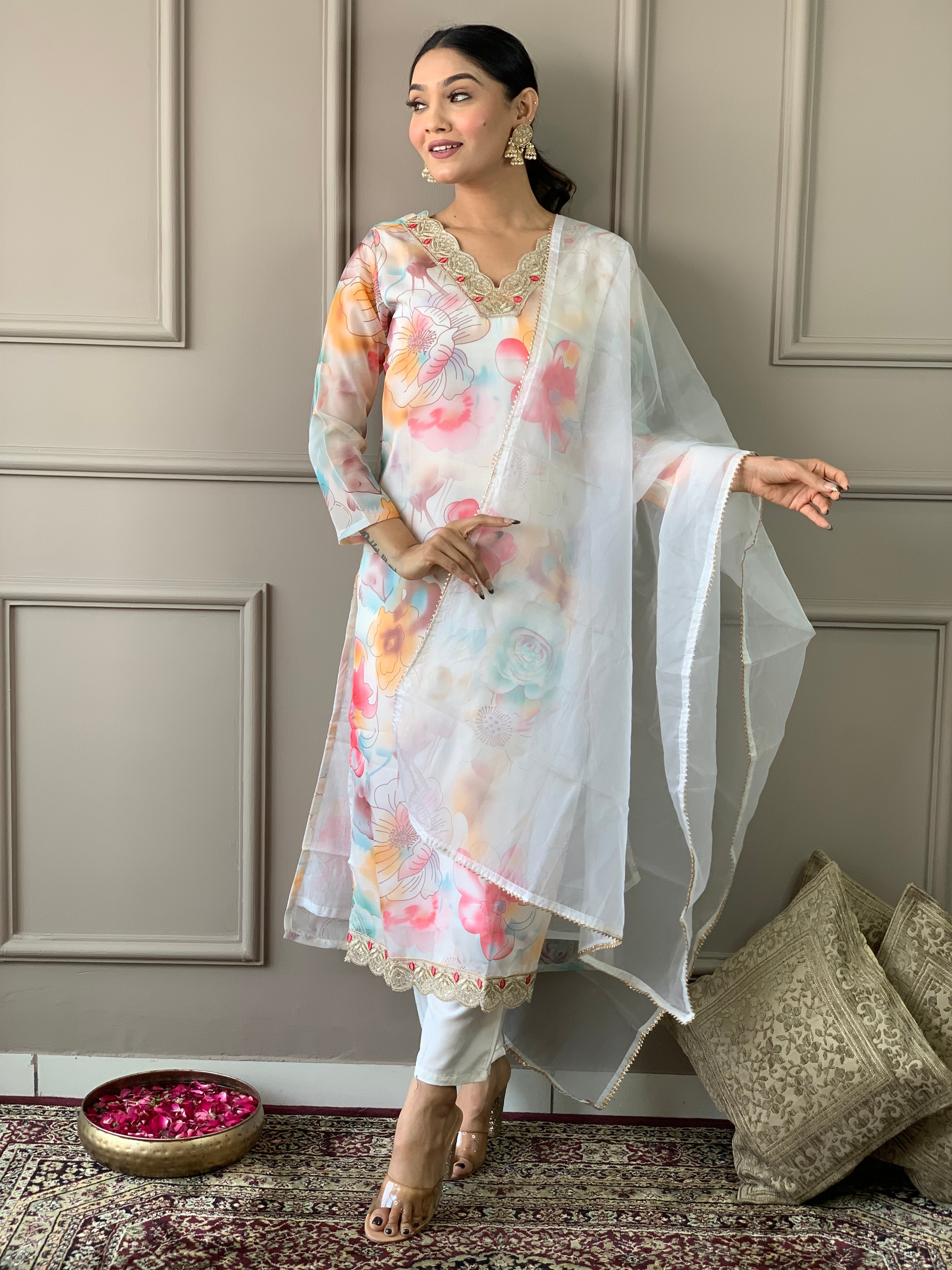 Women's V Neck Embroidered Work Organza Fabric Kurta & Pant With Dupatta Set
