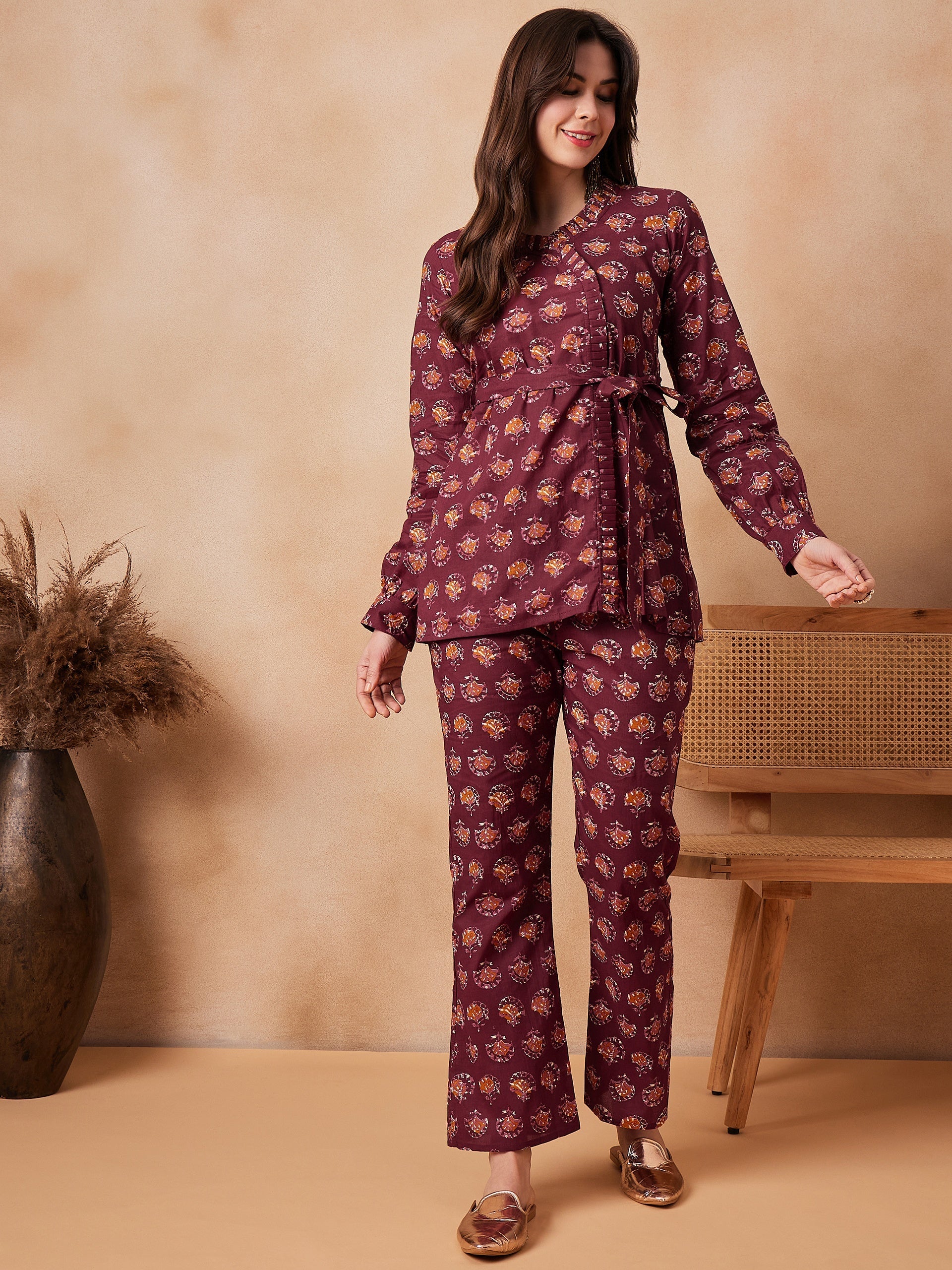 Women's Burgundy Floral Boota Coord Set With Belt - InWeave