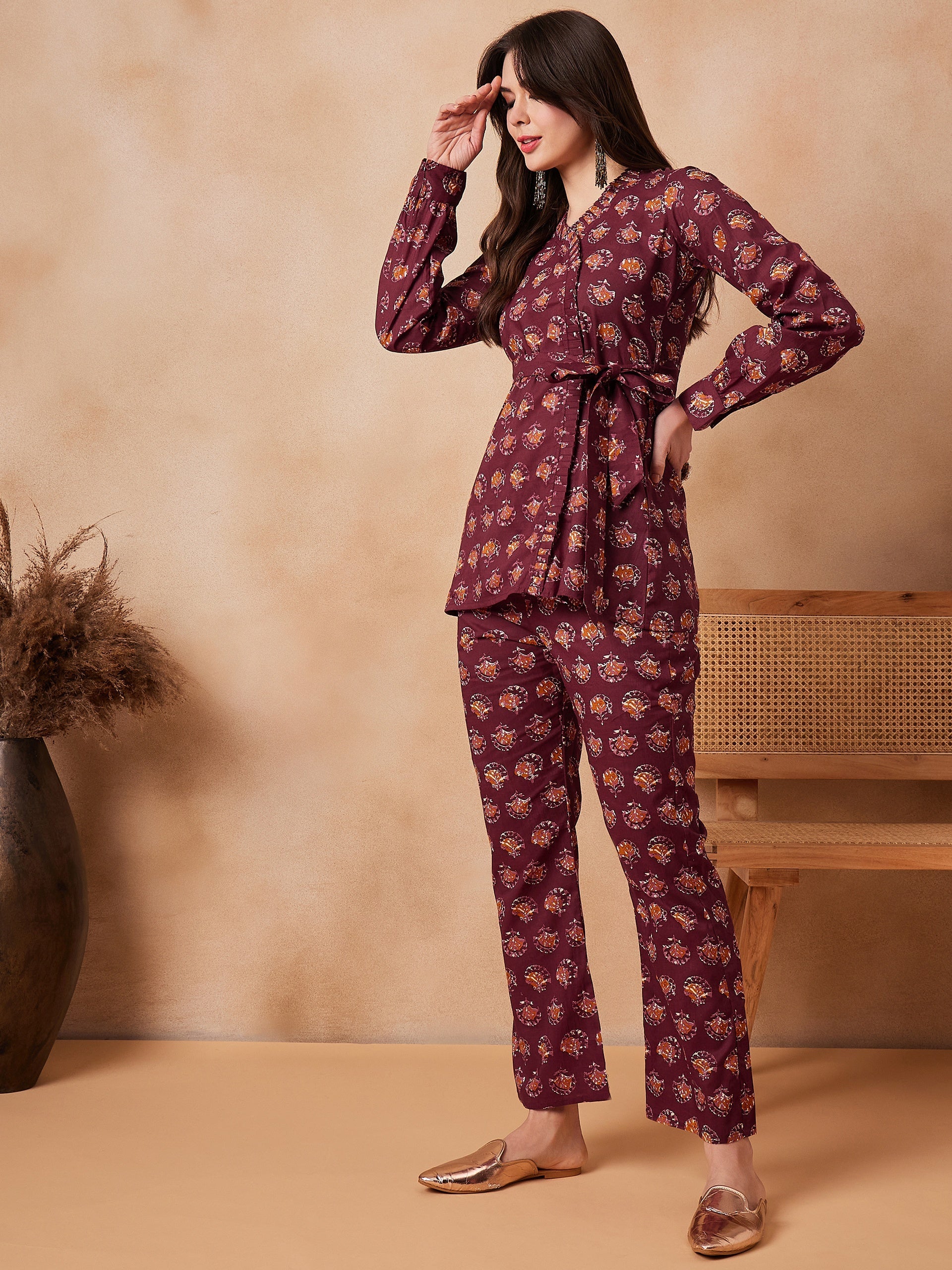 Women's Burgundy Floral Boota Coord Set With Belt - InWeave