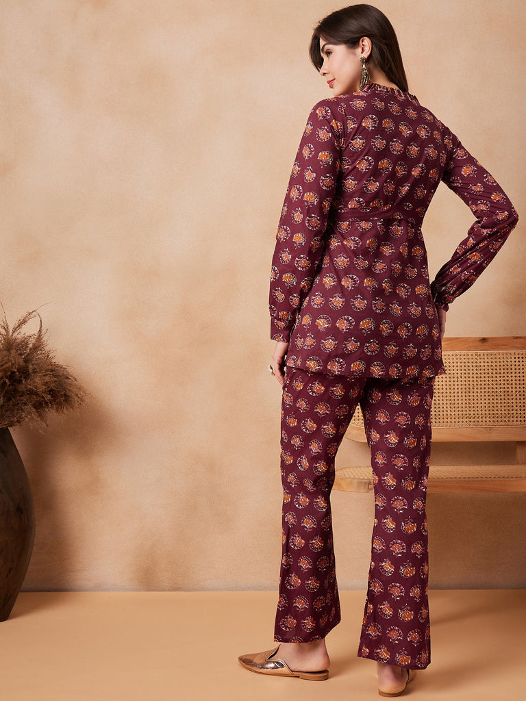 Women's Burgundy Floral Boota Coord Set With Belt