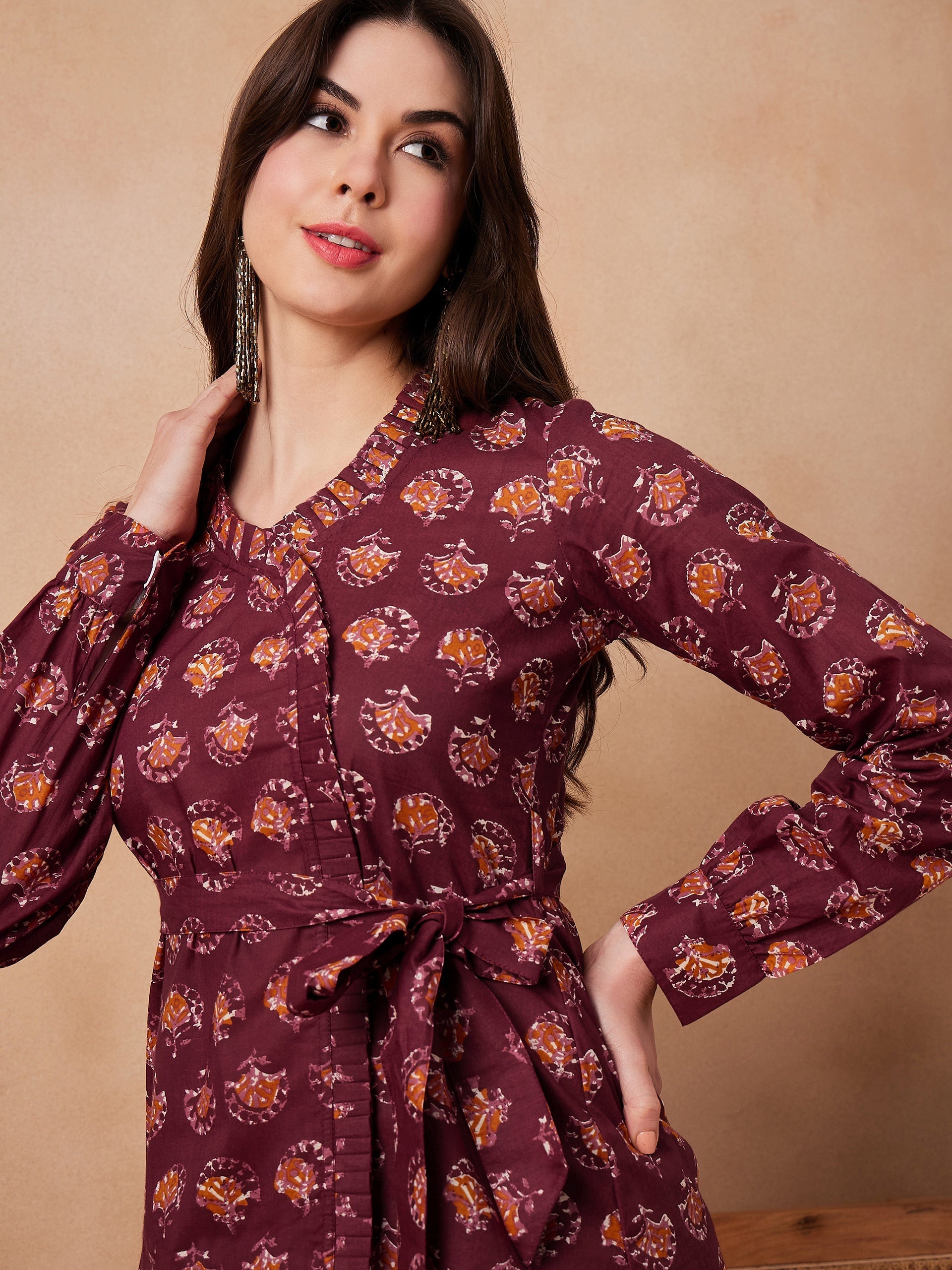 Women's Burgundy Floral Boota Coord Set With Belt - InWeave