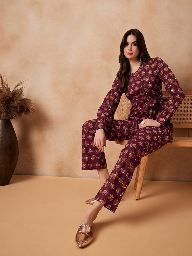 Women's Burgundy Floral Boota Coord Set With Belt