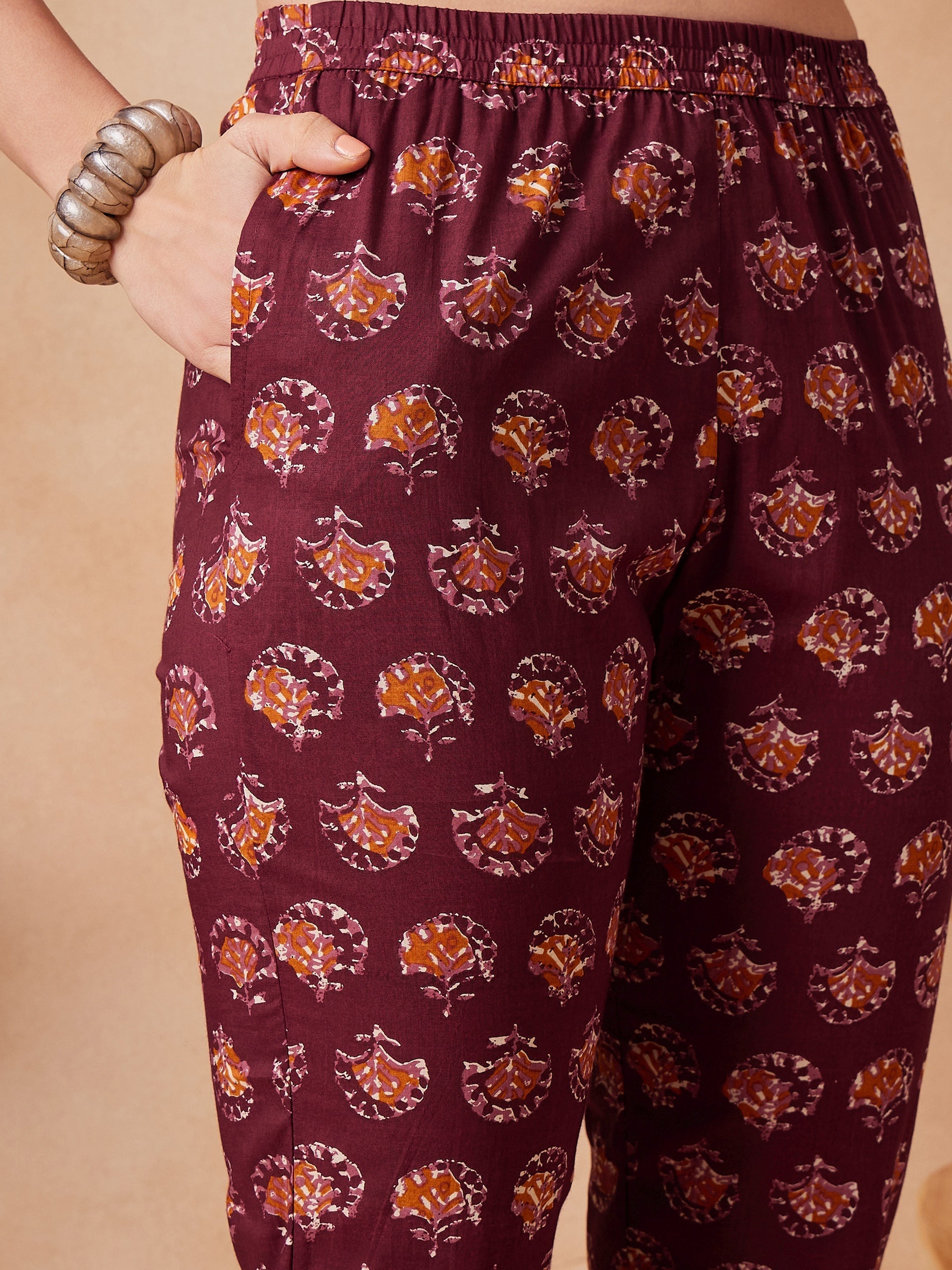 Women's Burgundy Floral Boota Coord Set With Belt - InWeave