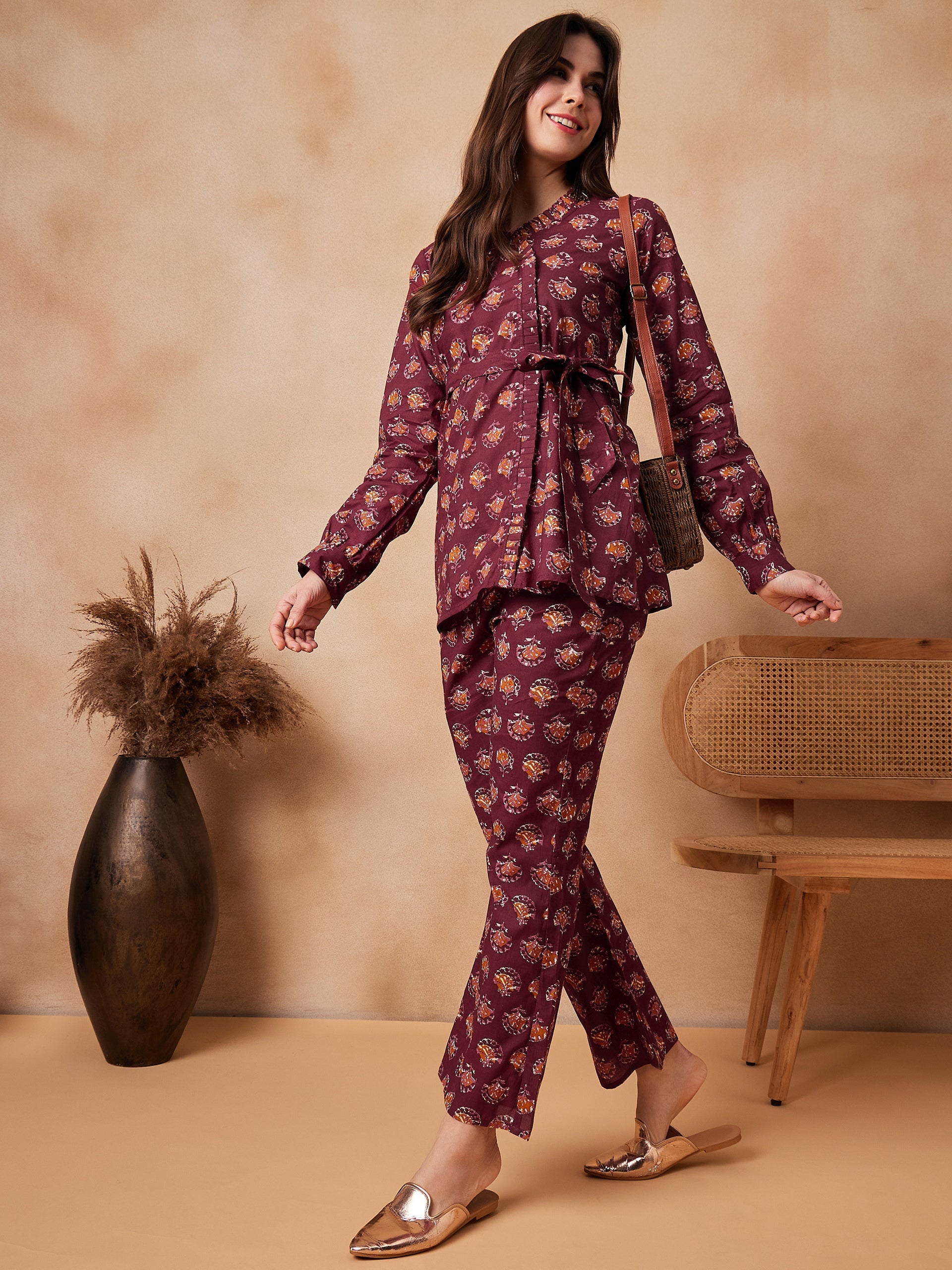 Women's Burgundy Floral Boota Coord Set With Belt - InWeave