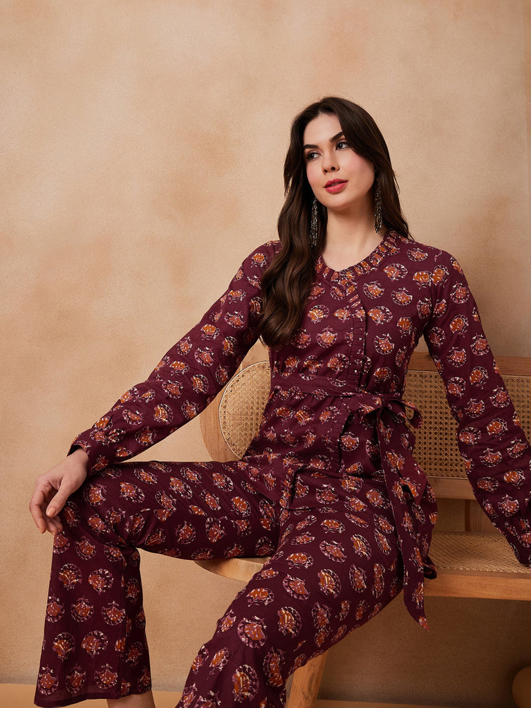 Women's Burgundy Floral Boota Coord Set With Belt