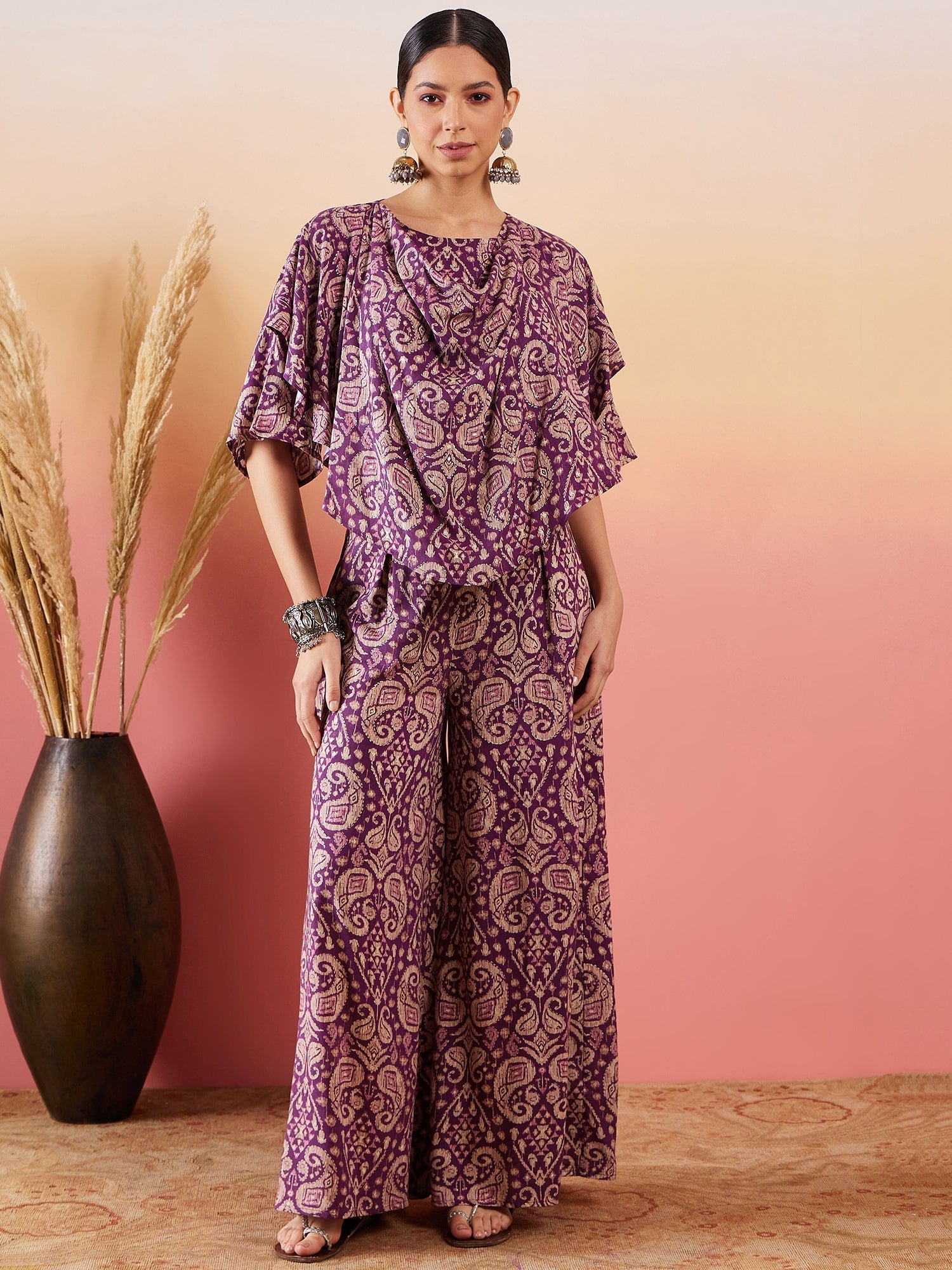 Women's Dusty Mauve Paisley Print Cowl Neck Top Bottom Set - InWeave