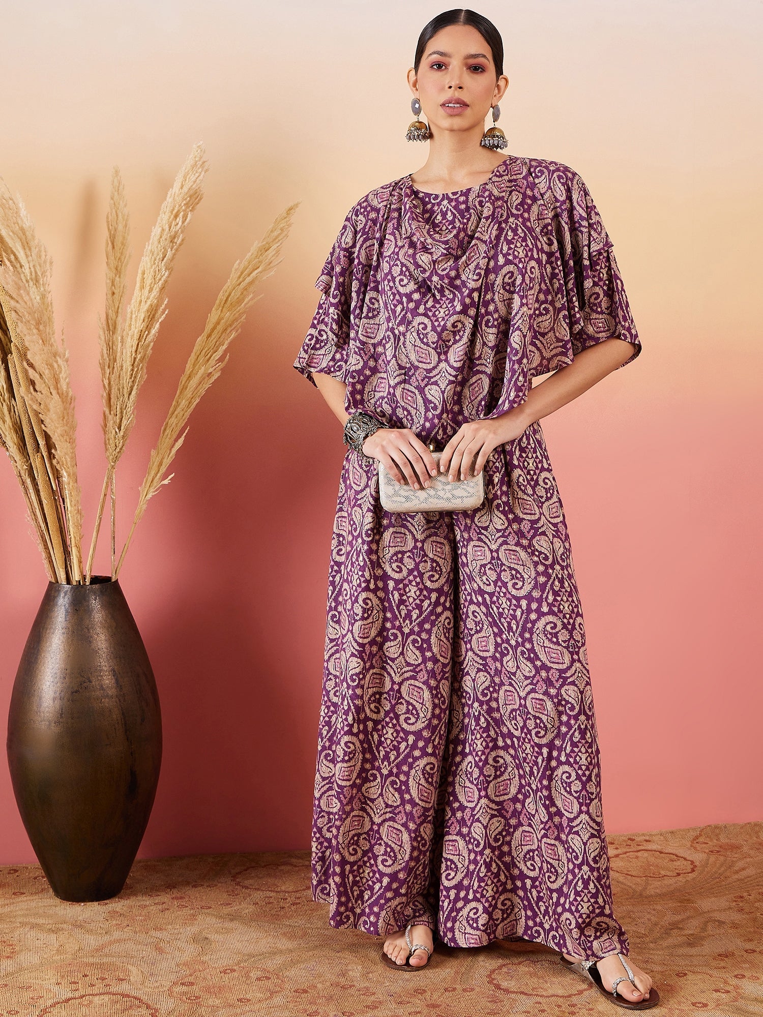 Women's Dusty Mauve Paisley Print Cowl Neck Top Bottom Set - InWeave