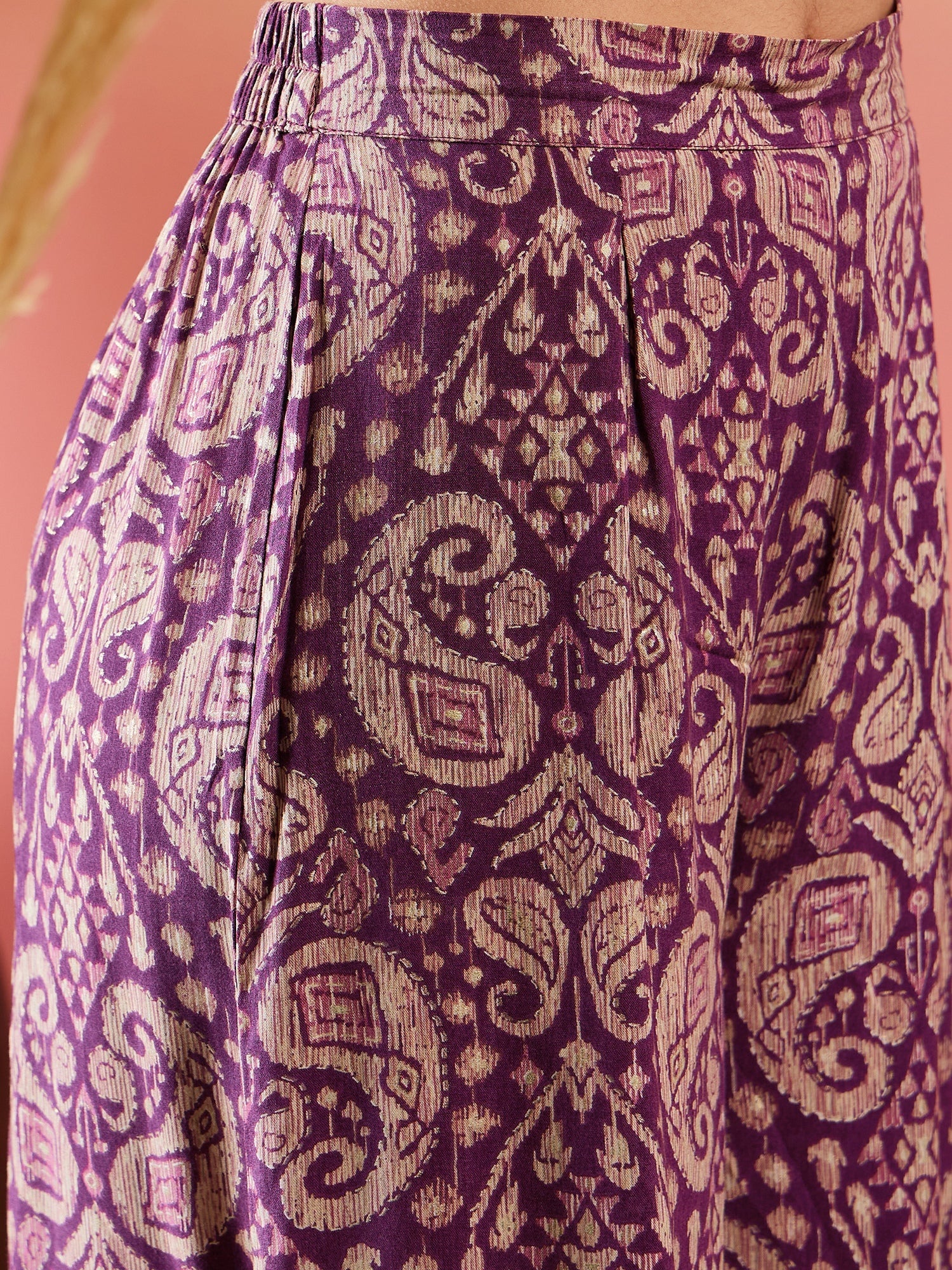 Women's Dusty Mauve Paisley Print Cowl Neck Top Bottom Set - InWeave