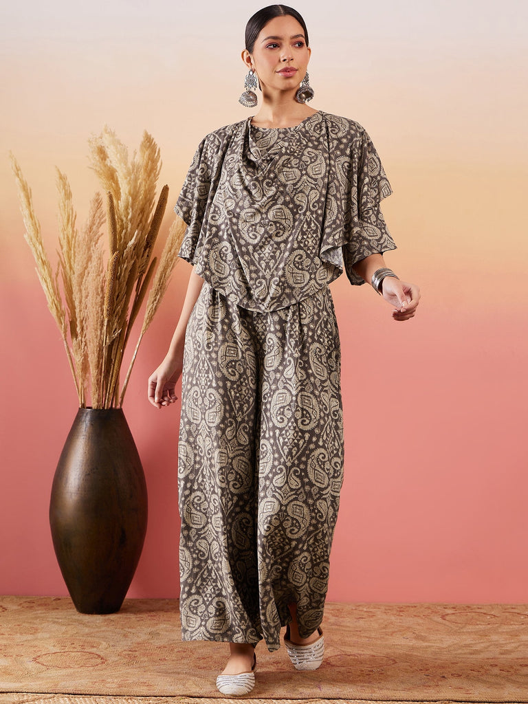 Women's Dull Brown Paisley Print Cowl Neck Top Bottom Set