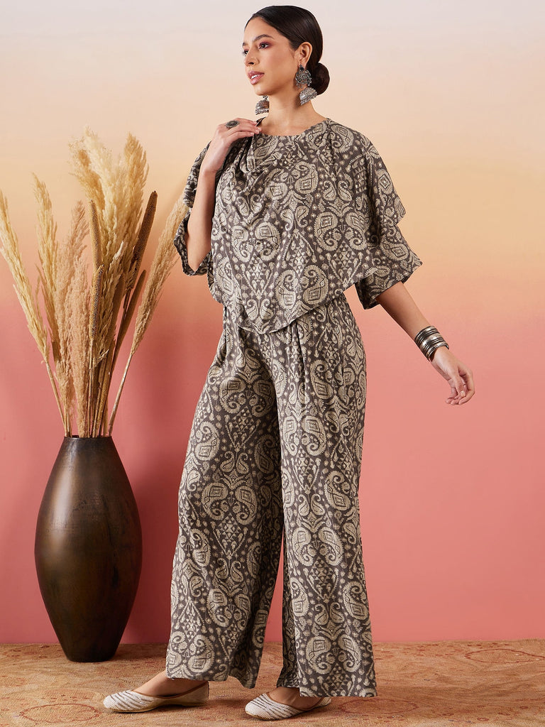 Women's Dull Brown Paisley Print Cowl Neck Top Bottom Set