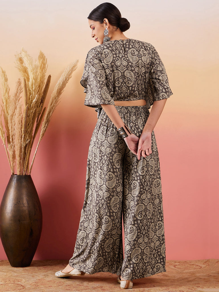 Women's Dull Brown Paisley Print Cowl Neck Top Bottom Set