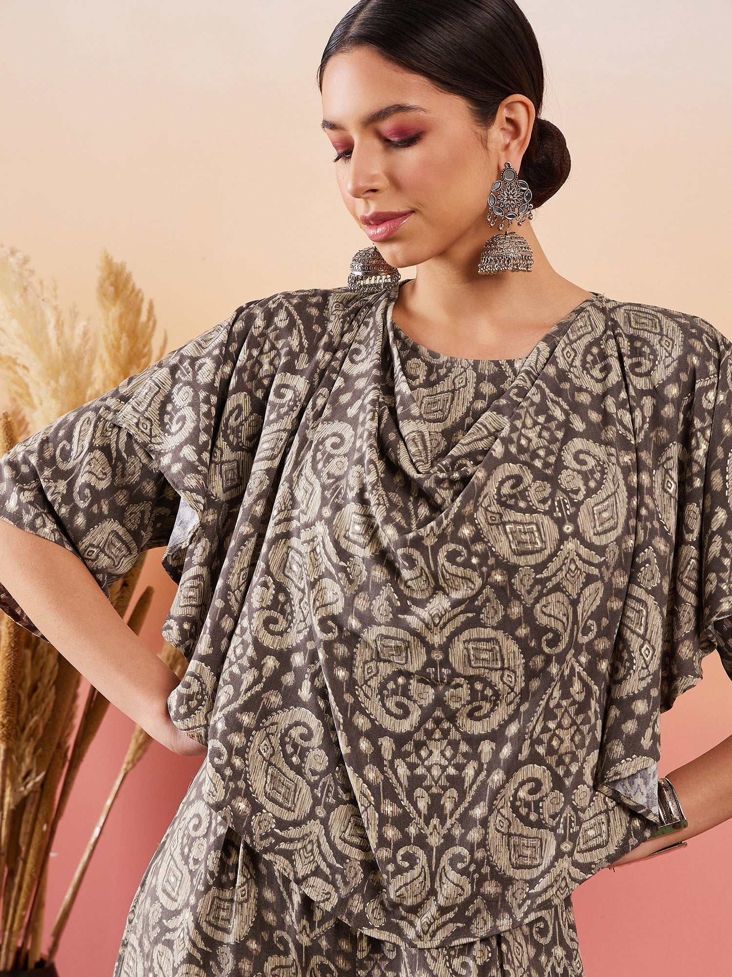 Women's Dull Brown Paisley Print Cowl Neck Top Bottom Set - InWeave