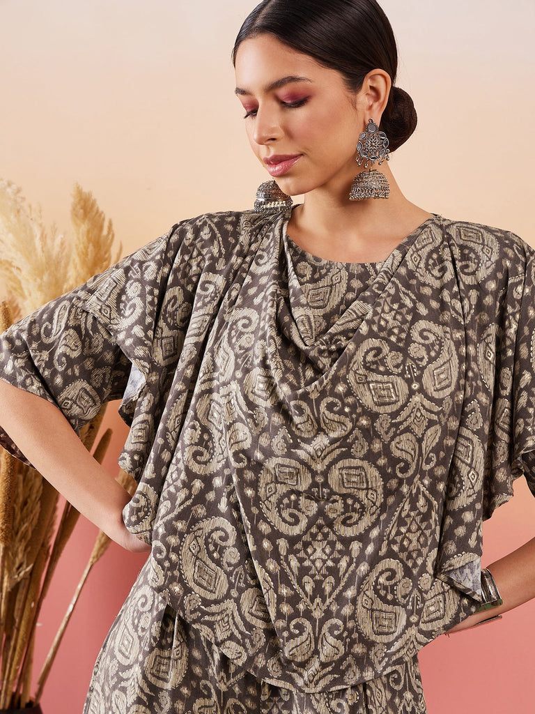 Women's Dull Brown Paisley Print Cowl Neck Top Bottom Set