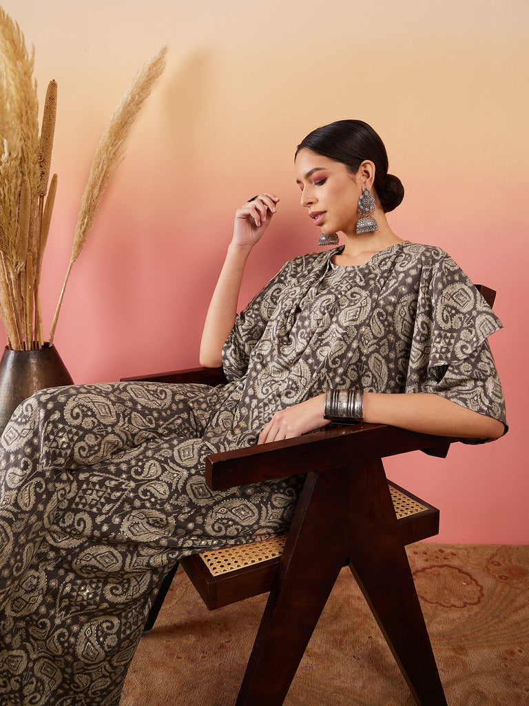 Women's Dull Brown Paisley Print Cowl Neck Top Bottom Set