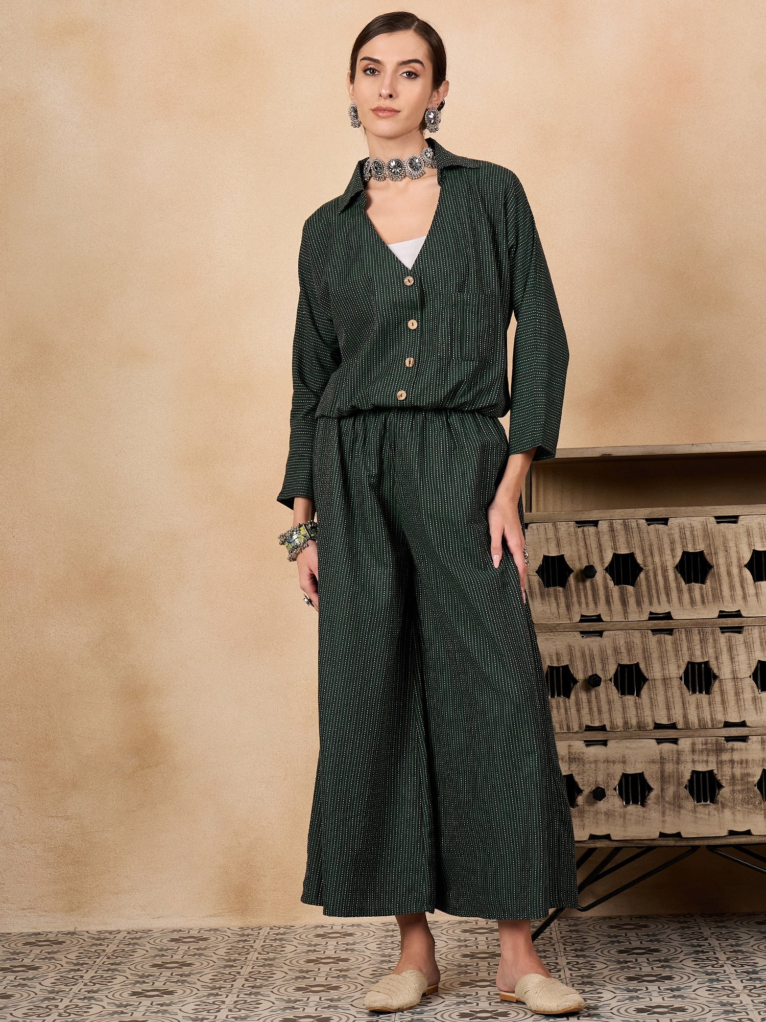 Women's Dark Green Kantha Johnny Neck Jacket Co'ord Set - InWeave