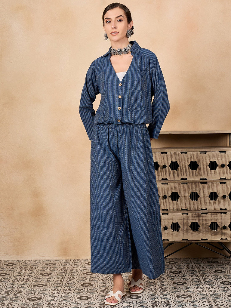 Women's Blue Kantha Johnny Neck Jacket Co'ord Set