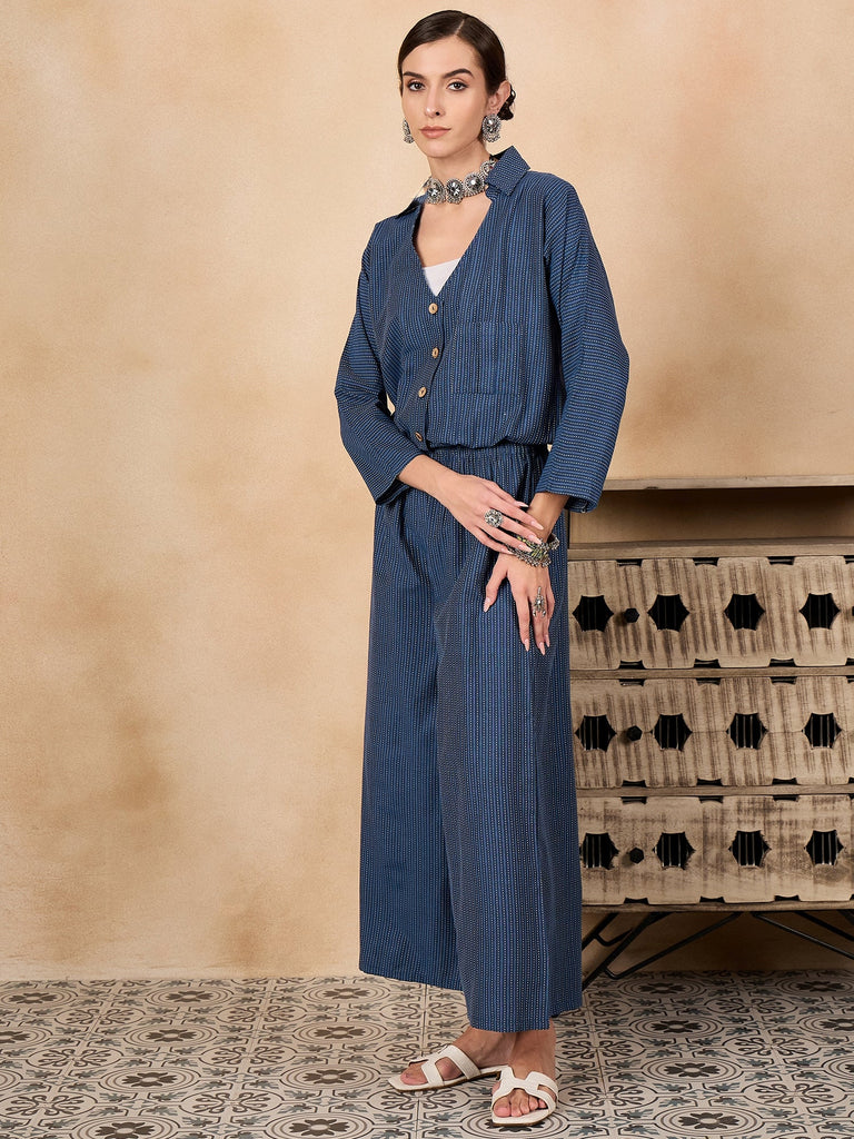 Women's Blue Kantha Johnny Neck Jacket Co'ord Set