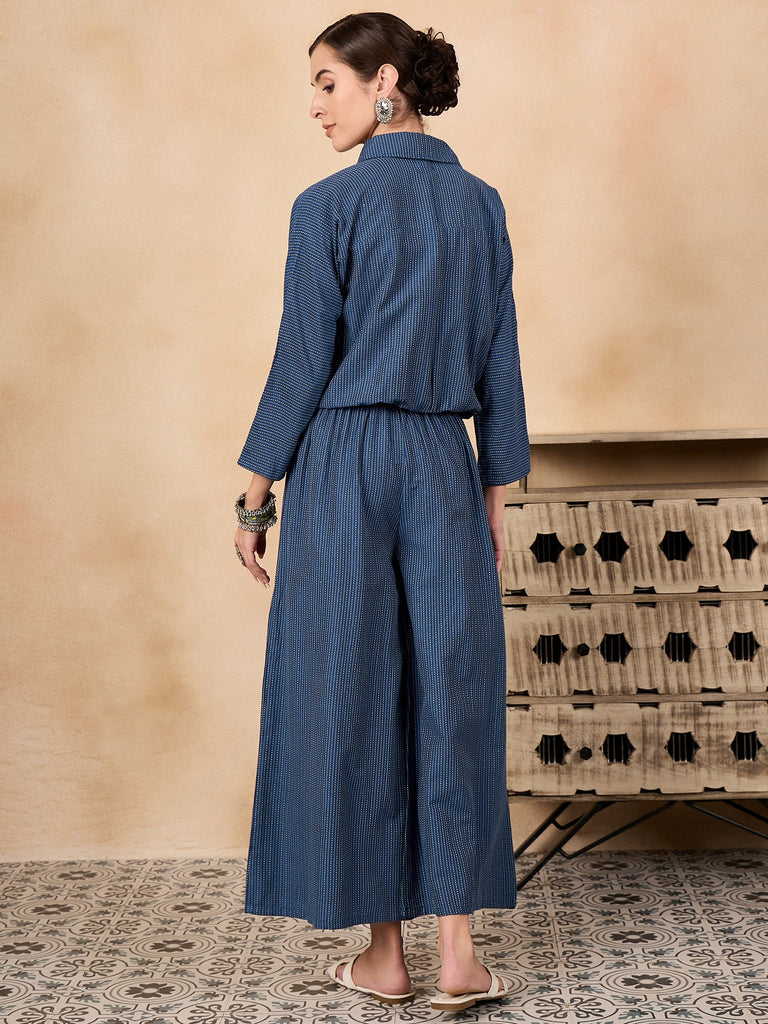 Women's Blue Kantha Johnny Neck Jacket Co'ord Set