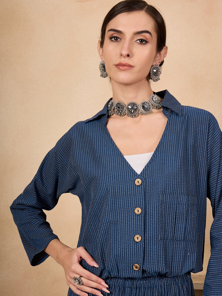 Women's Blue Kantha Johnny Neck Jacket Co'ord Set