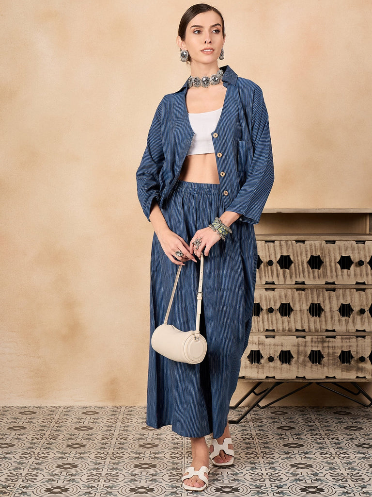 Women's Blue Kantha Johnny Neck Jacket Co'ord Set
