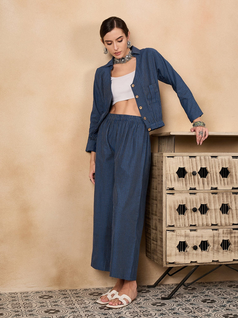 Women's Blue Kantha Johnny Neck Jacket Co'ord Set