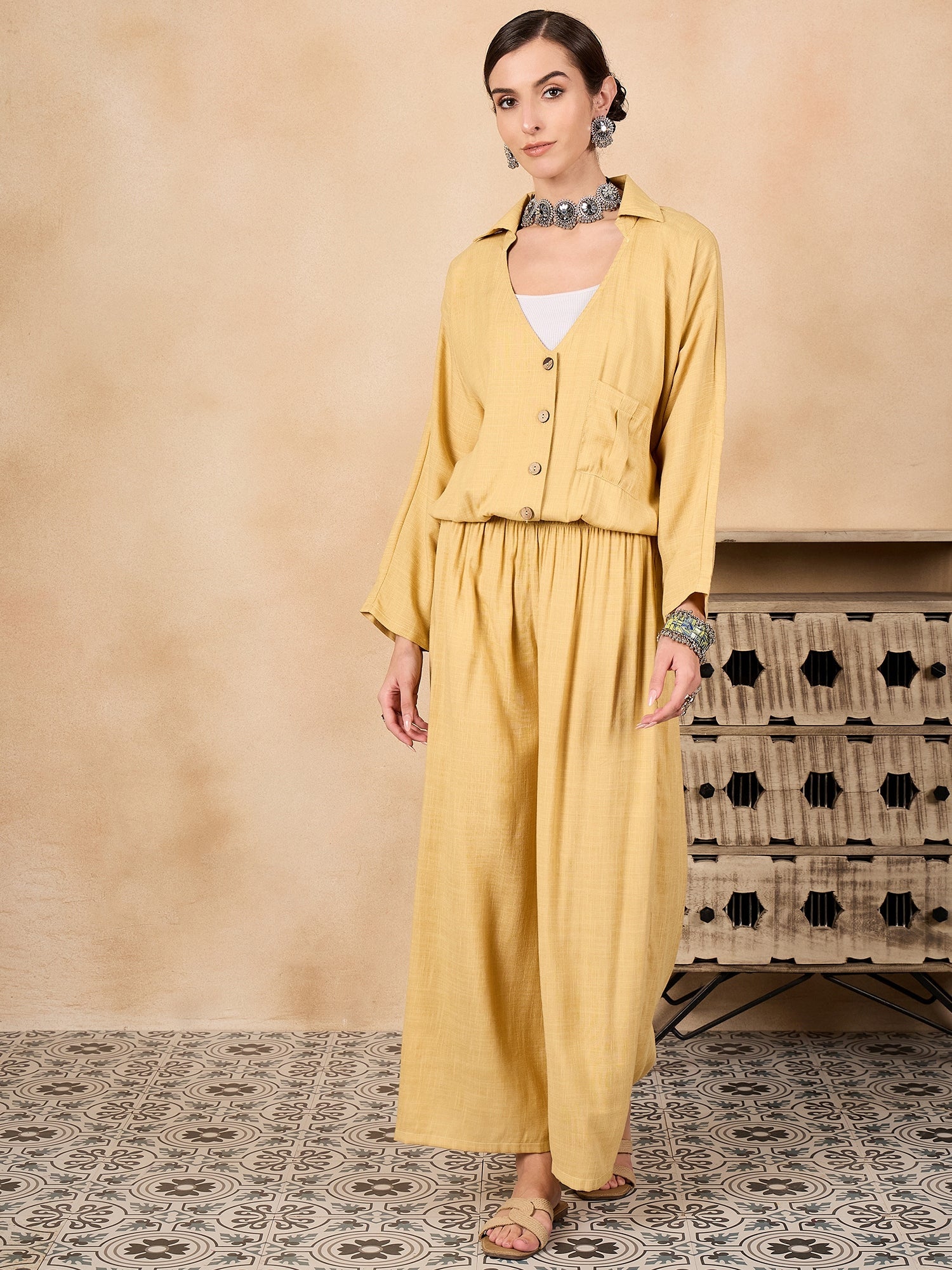 Women's Light Yellow Johnny Neck Jacket Co'ord Set - InWeave