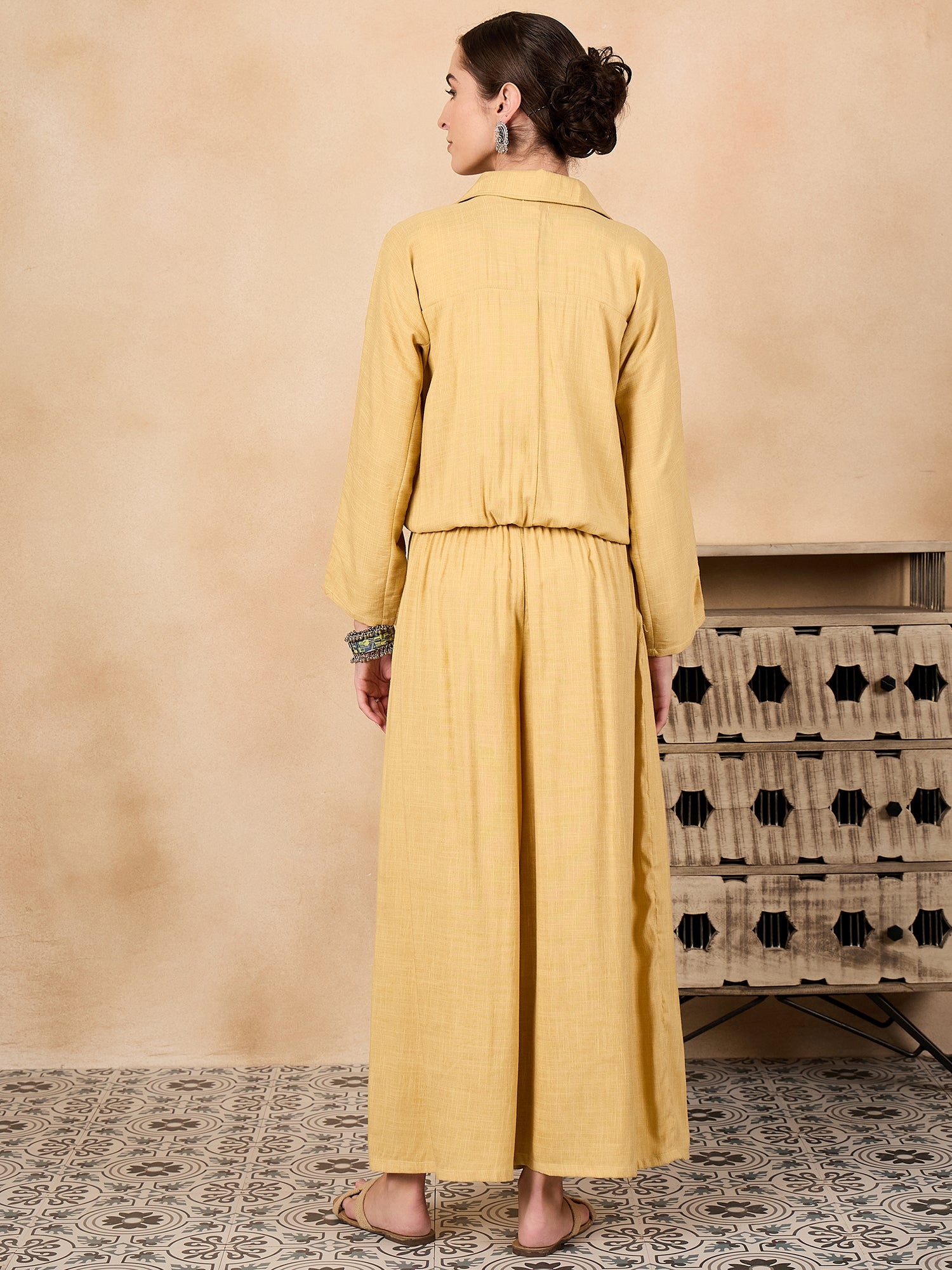 Women's Light Yellow Johnny Neck Jacket Co'ord Set - InWeave