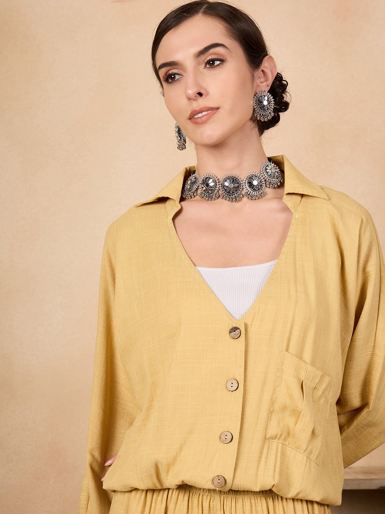 Women's Light Yellow Johnny Neck Jacket Co'ord Set - InWeave