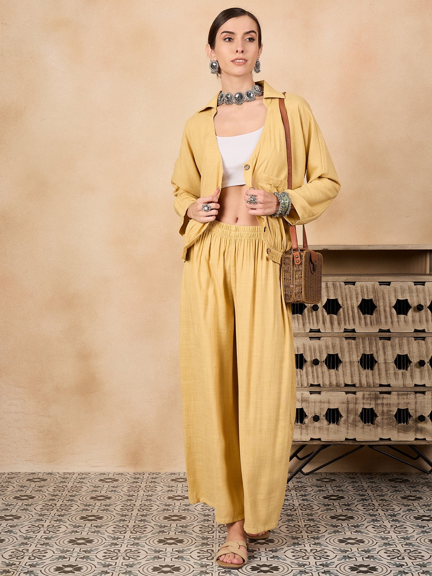 Women's Light Yellow Johnny Neck Jacket Co'ord Set - InWeave