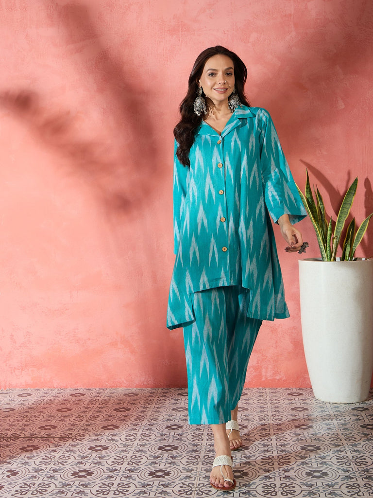 Women's Turquoise Ikkat Blazzer Coord Set