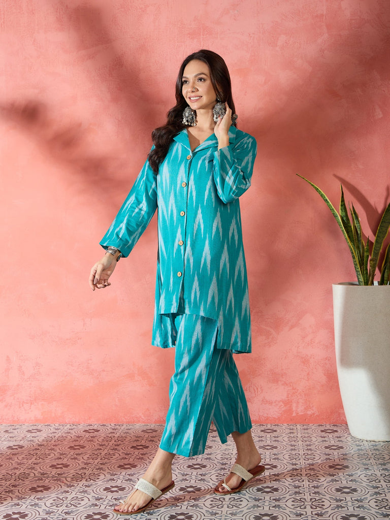 Women's Turquoise Ikkat Blazzer Coord Set