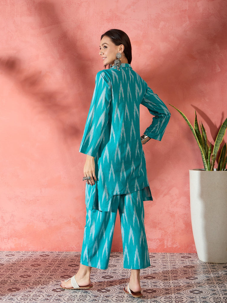 Women's Turquoise Ikkat Blazzer Coord Set