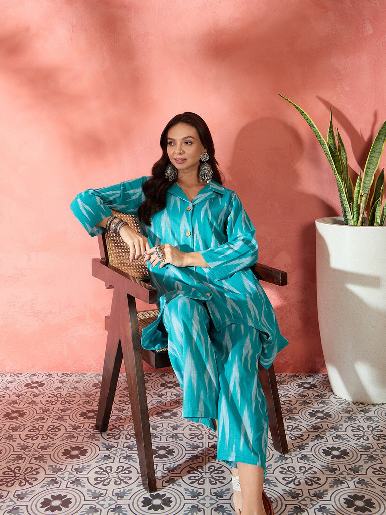 Women's Turquoise Ikkat Blazzer Coord Set
