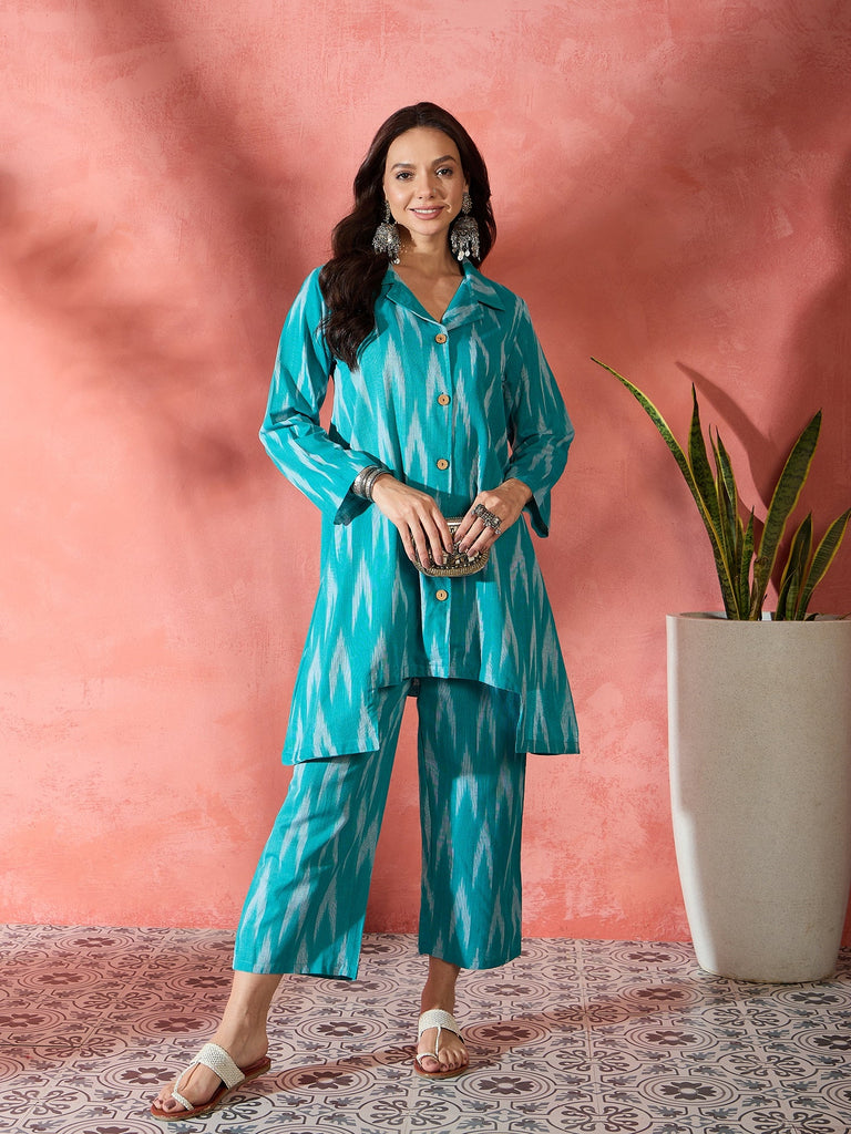 Women's Turquoise Ikkat Blazzer Coord Set