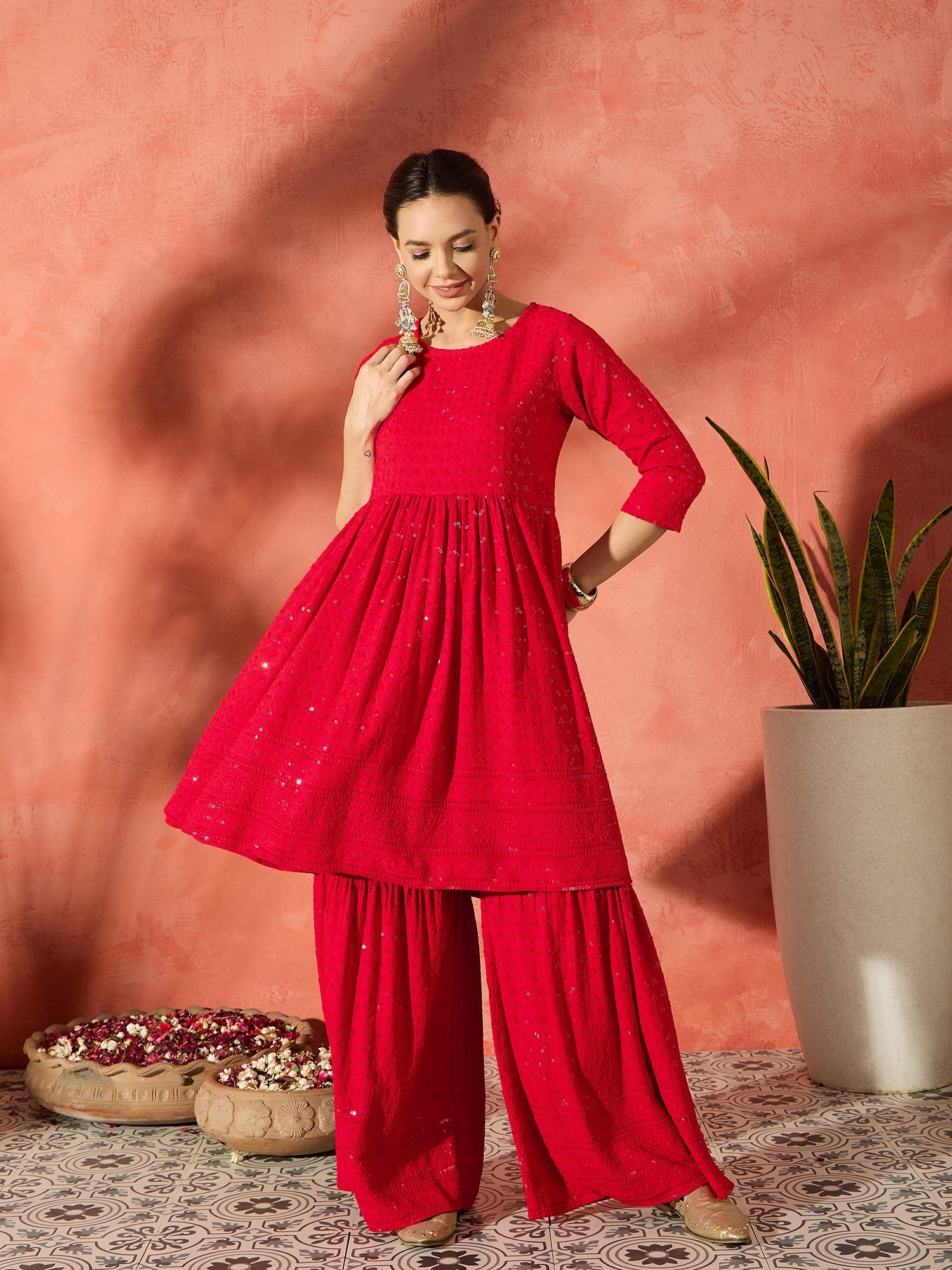 Women's Red Chikankari Anarkali Kurta Sharara Set - InWeave