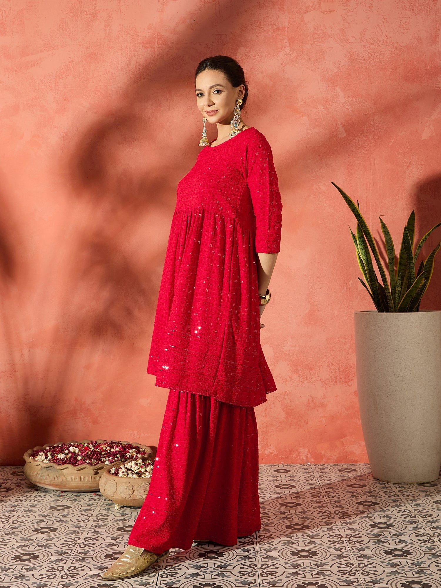 Women's Red Chikankari Anarkali Kurta Sharara Set - InWeave