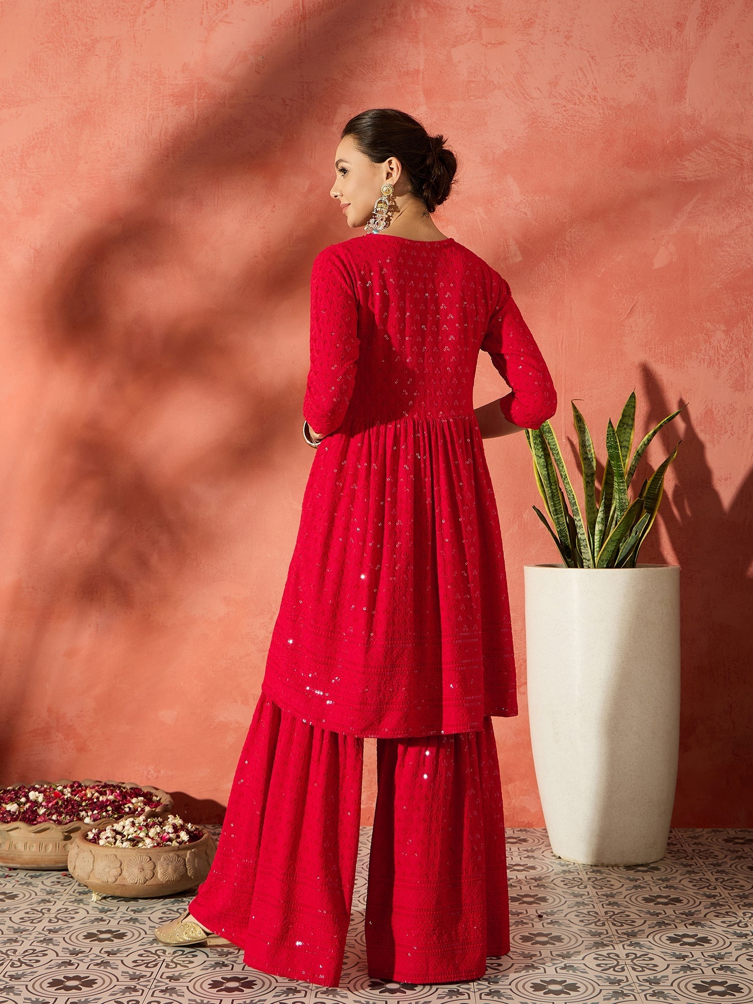 Women's Red Chikankari Anarkali Kurta Sharara Set - InWeave