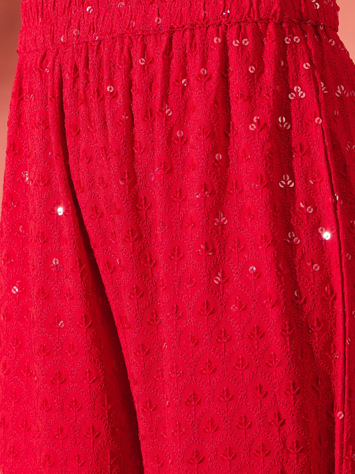 Women's Red Chikankari Anarkali Kurta Sharara Set - InWeave