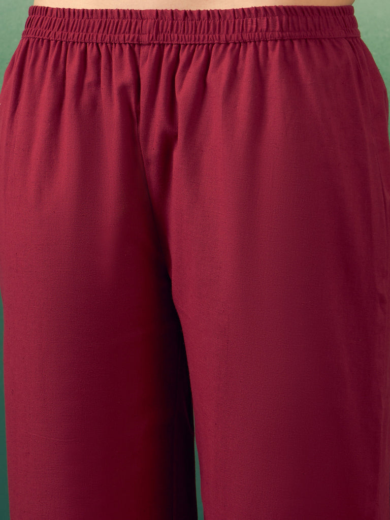 Women's Burgundy Solid V Neck Short Kurta Pant Set