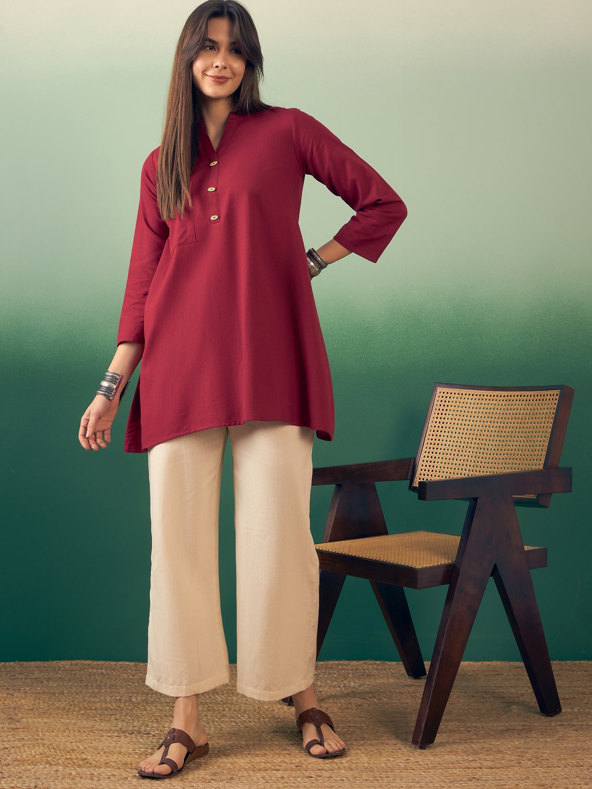 Women's Burgundy Manderian V Neck Button Kurta Cream Pant Set - InWeave