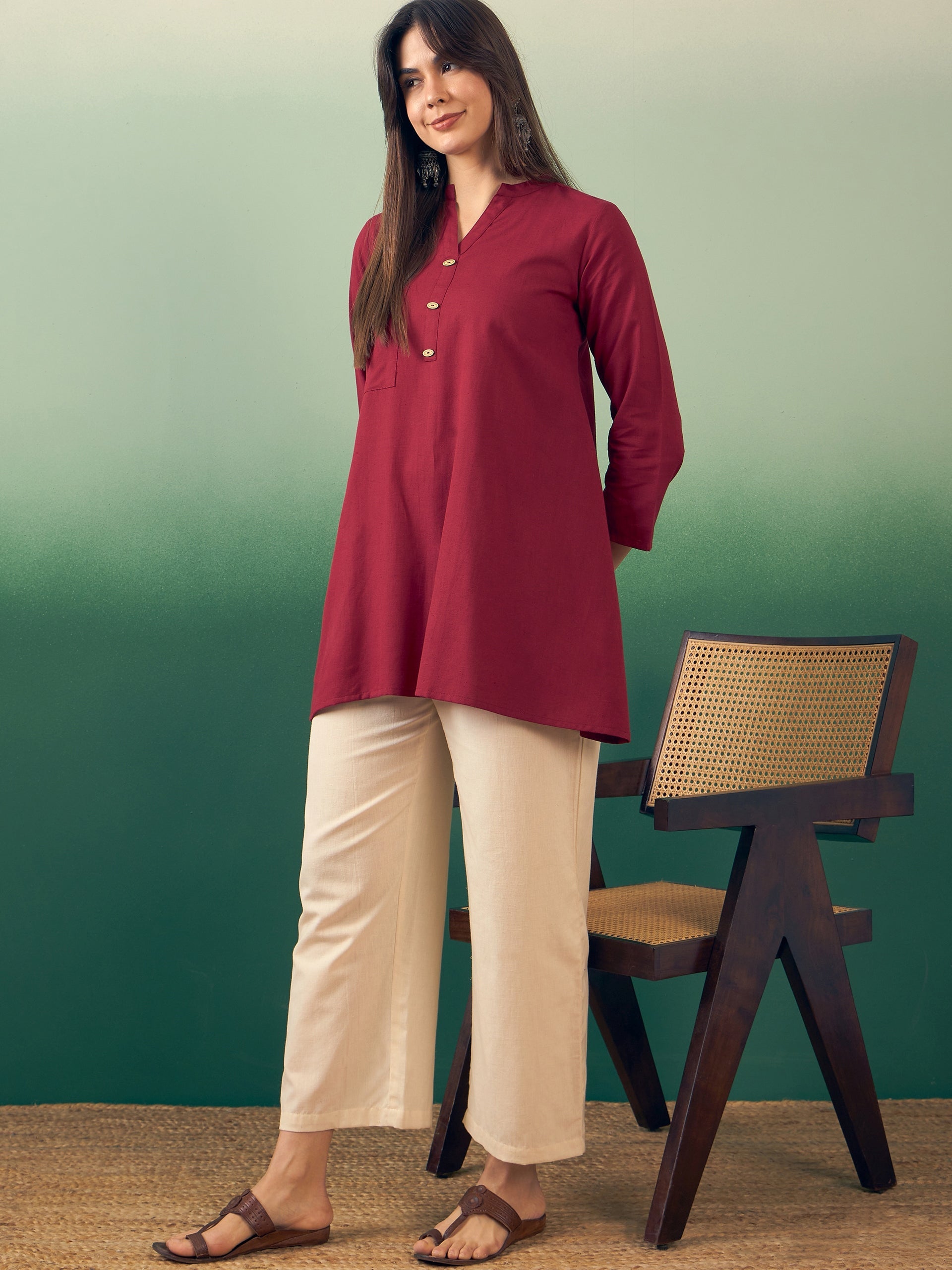 Women's Burgundy Manderian V Neck Button Kurta Cream Pant Set - InWeave